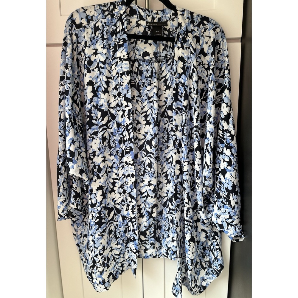Lane Bryant Women 18/20 Floral Kimono Cardigan Blue Black Open Front Plus 0378